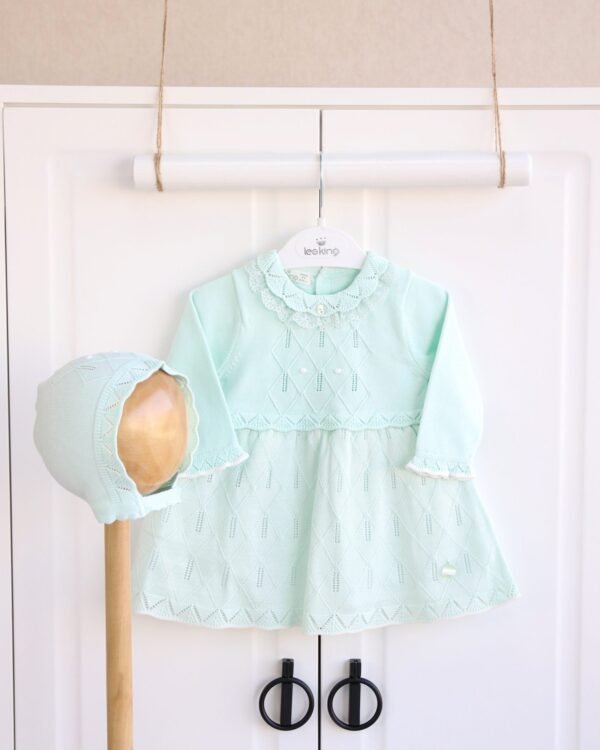 Mint Knit Baby Dress with Bonnet